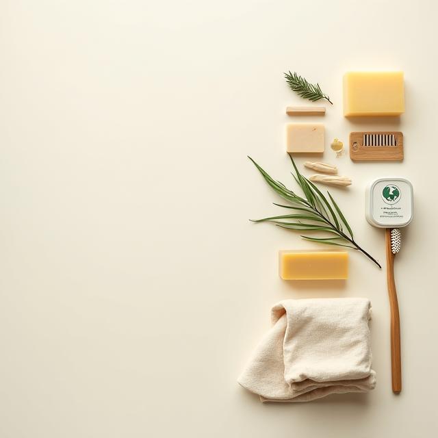 竹製の歯ブラシと固形石鹸などのゼロウェイスト製品